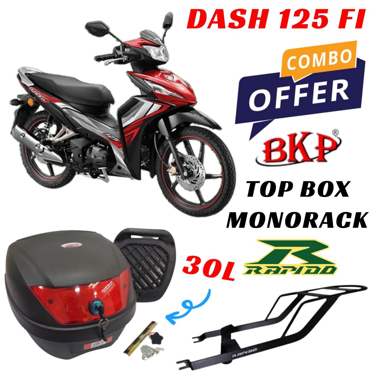 (Honda Dash 125 Fi New) Combo Set KP 30L Top Box Motorcycle+Rapido ...