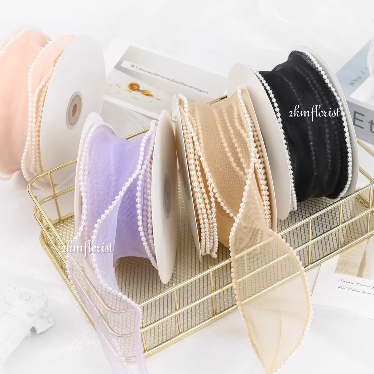 (4.5M) 4CM PEARL RIBBON Reben Riben Gift Satin fish tail Organza Flower ...