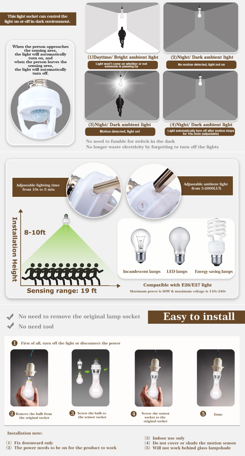 Sensor LED Lamp Socket Base PIR Human Induction Motion E27 LED Light ...
