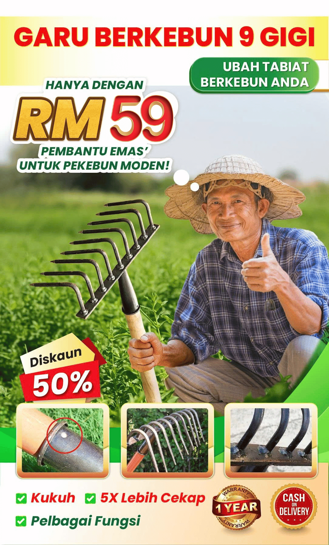 Pencakar Tanah Garden Rake 9 Teeth - Pencakar Besi 9 Mata Tajam, Cakar ...