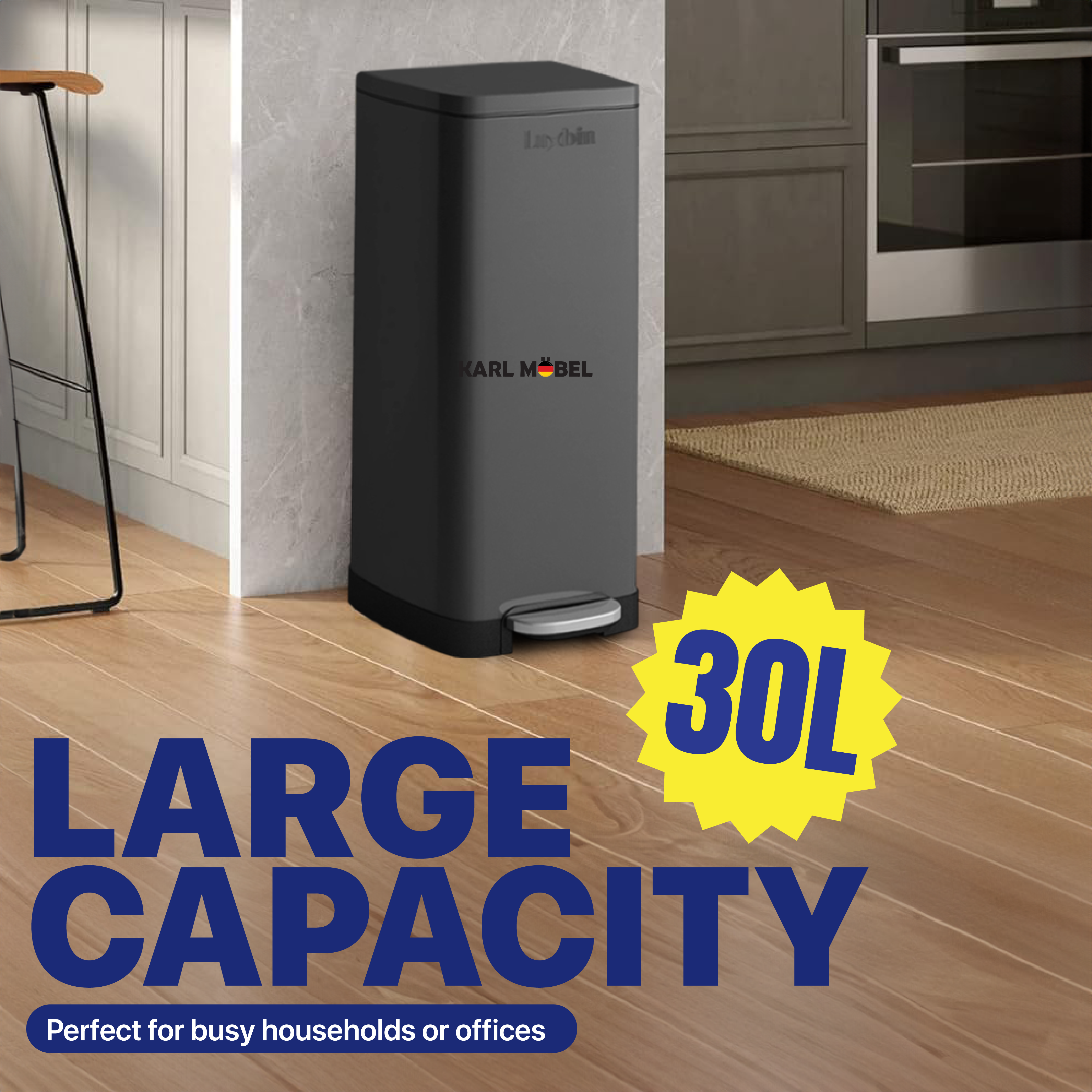 Luxbin™ Tong Sampah Dapur Besar Dustbin Kitchen Stainless Steel 20L 30L ...