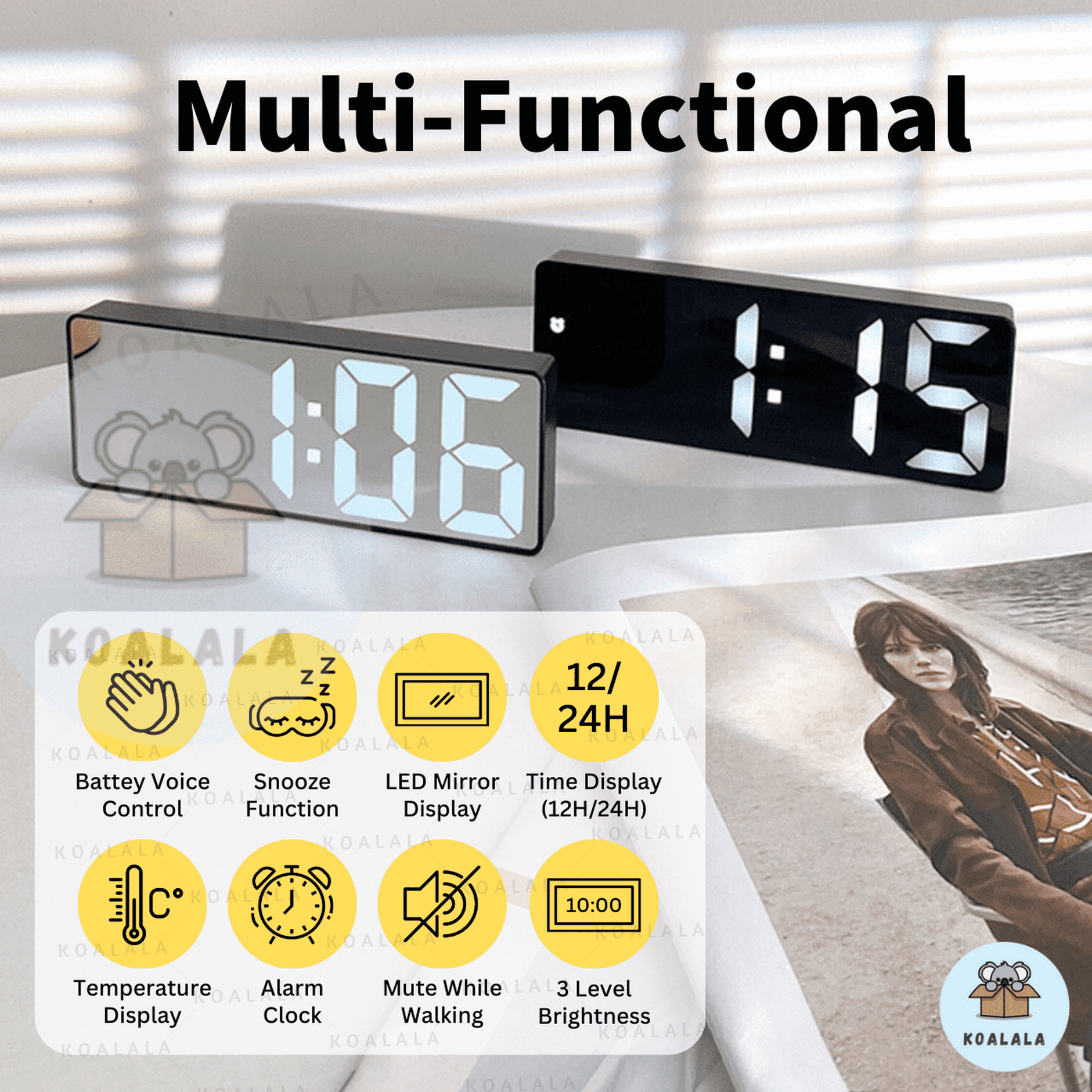 Sound Control Mirror LED Digital Clock Table Alarm Clock LED Digital ...