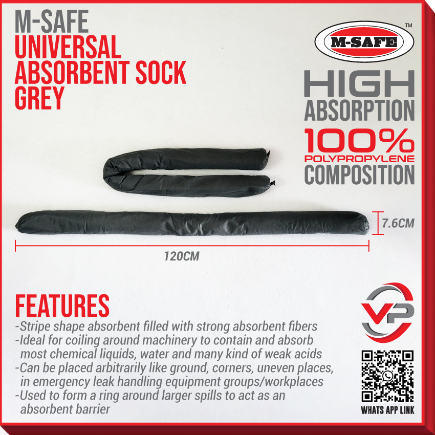 M-SAFE UNIVERSAL ABSORBENT SOCK GREY MODEL M-US76120 HIGH ABSORPTION ...