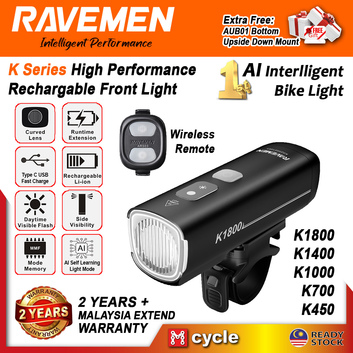 RAVEMEN 2026 K Series AI Smart Bicycle LED Front Light K1800 K1400 ...