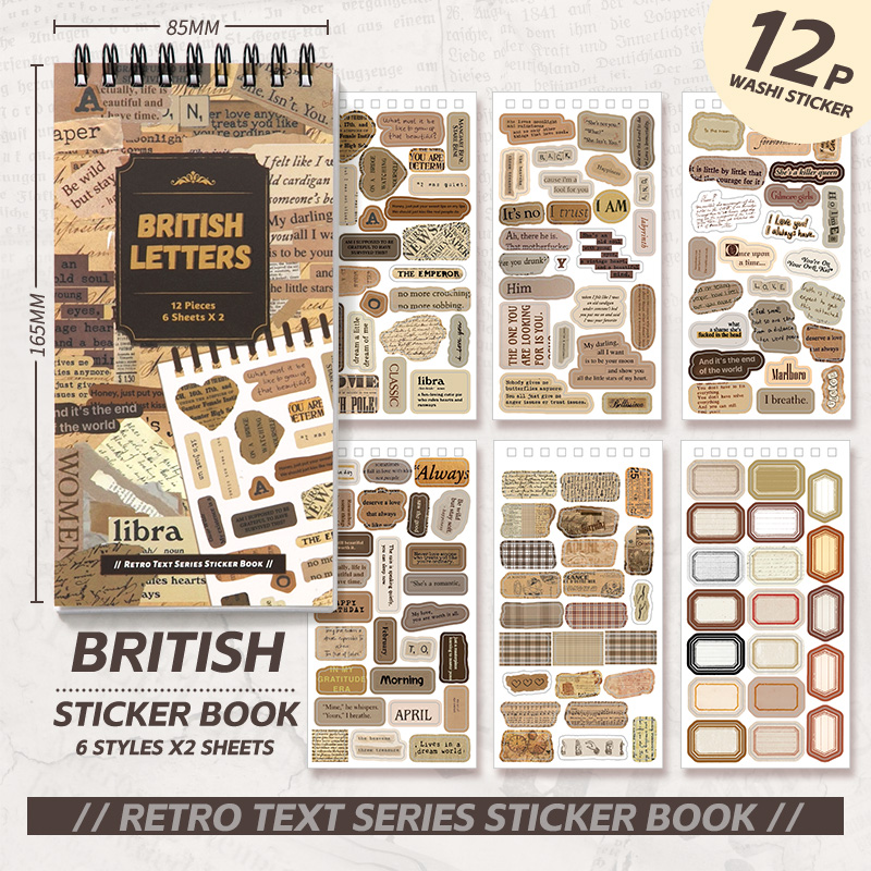 12 Sheets Vintage Text Stickers Book 100+pcs English Wording Sticker ...