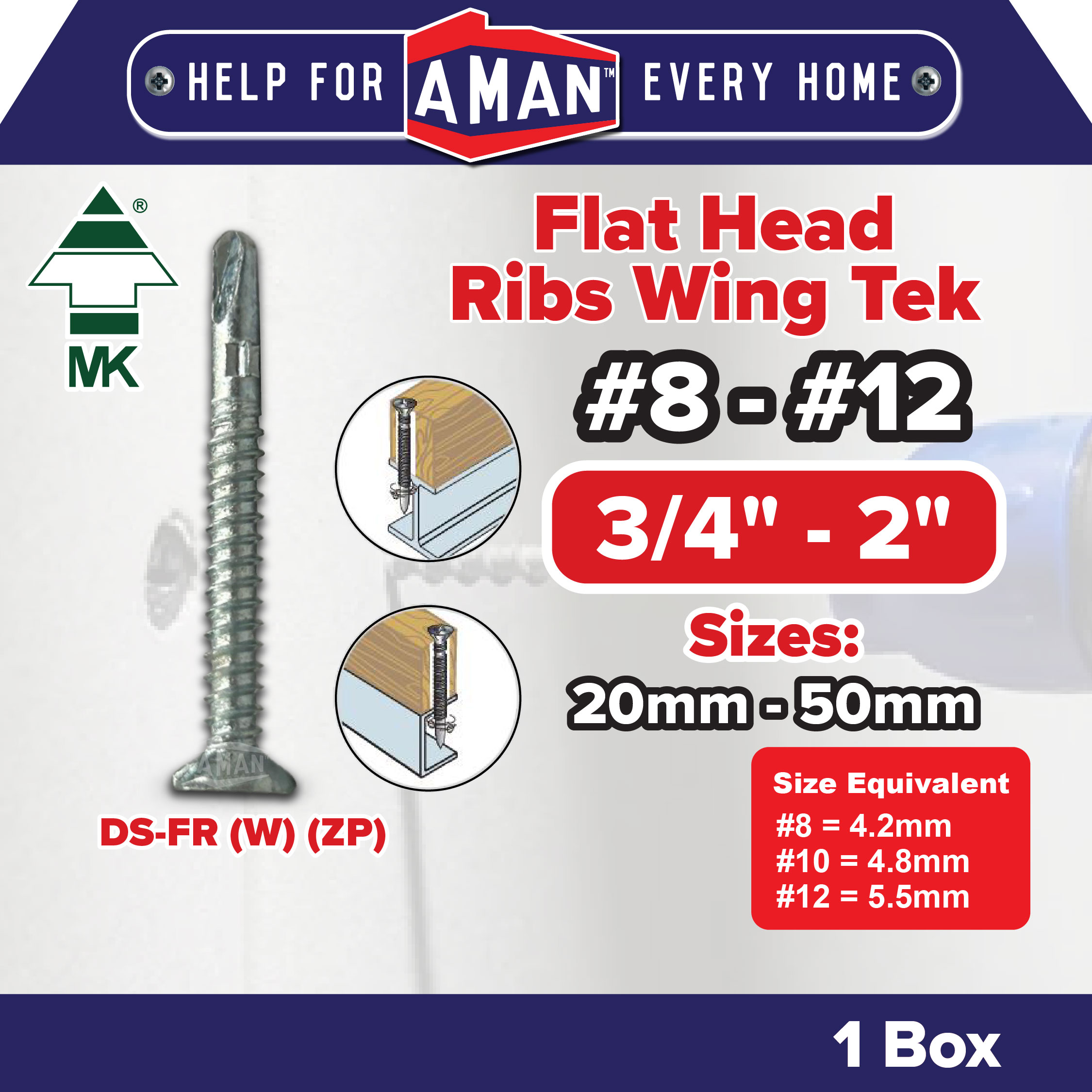 MK Self Drilling Screw Flat Head Ribs Wing Tek Mata Skru Putih DS-FRW ...