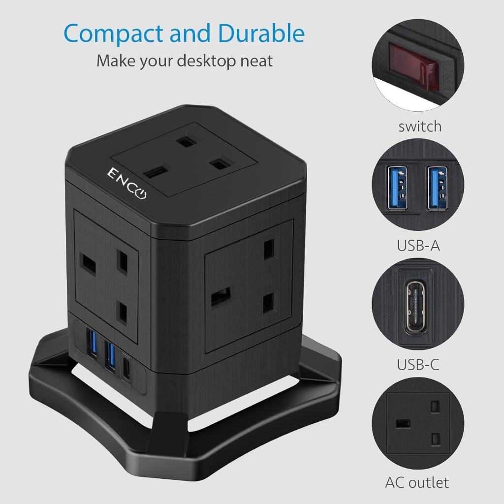 Enco (3U5K) Vertical Tower Cube Extension Socket 5 Way Slot Multi Plug ...