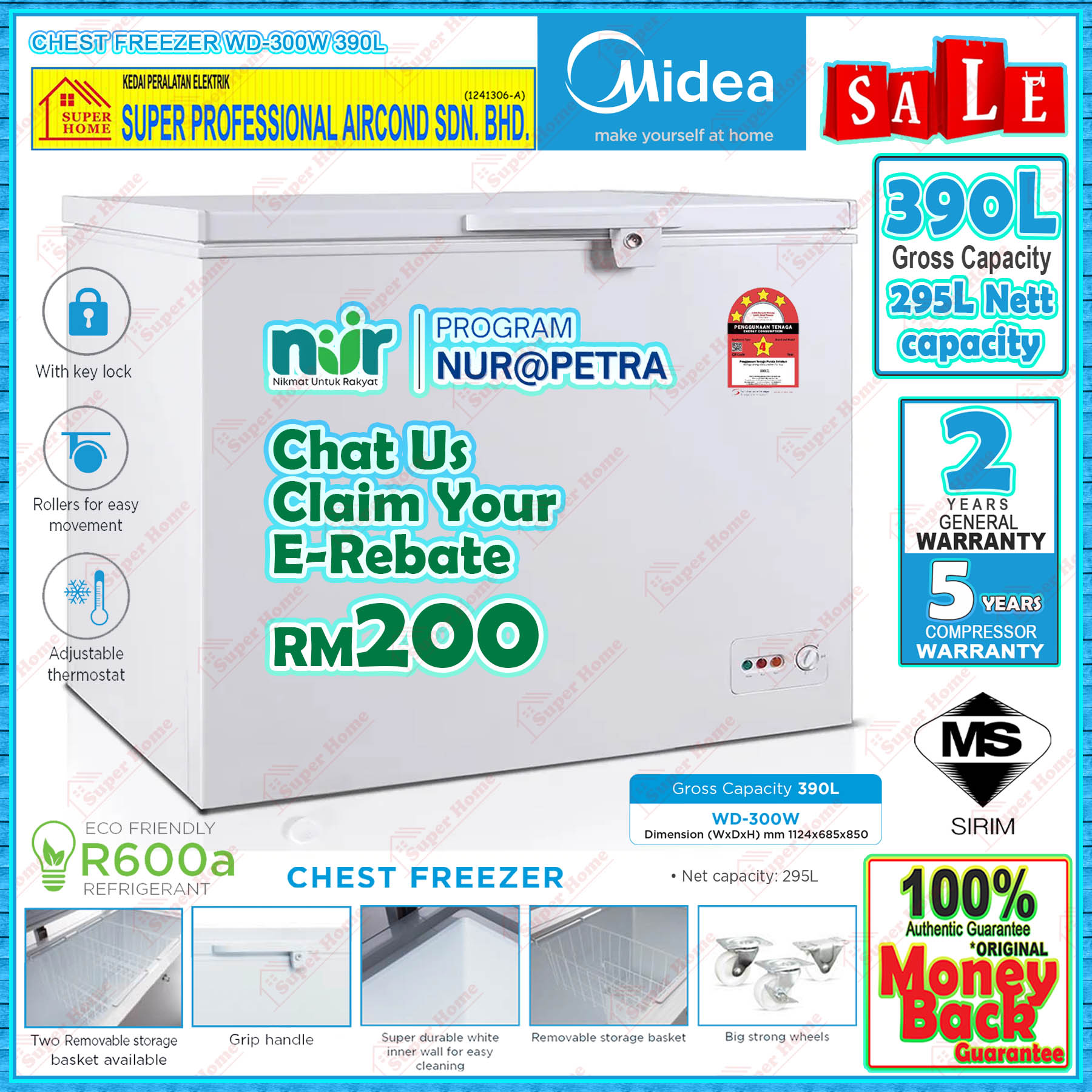Program NUR Seda Midea Chest Freezer WD-300W 390L Gross Capacity ((E ...