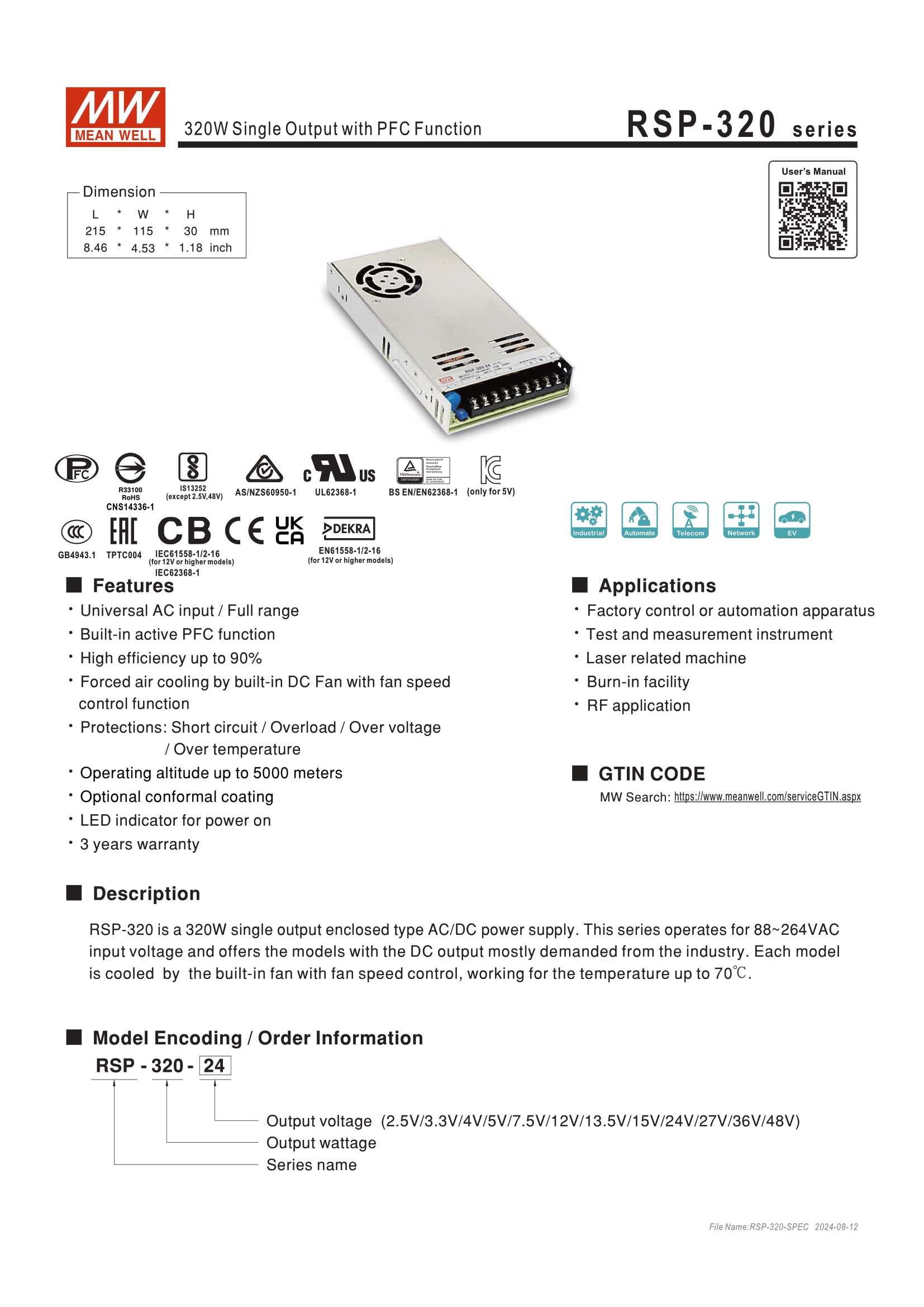 Mean Well RSP-320-24 320W 24V 13.4A MeanWell Single Output Switching ...