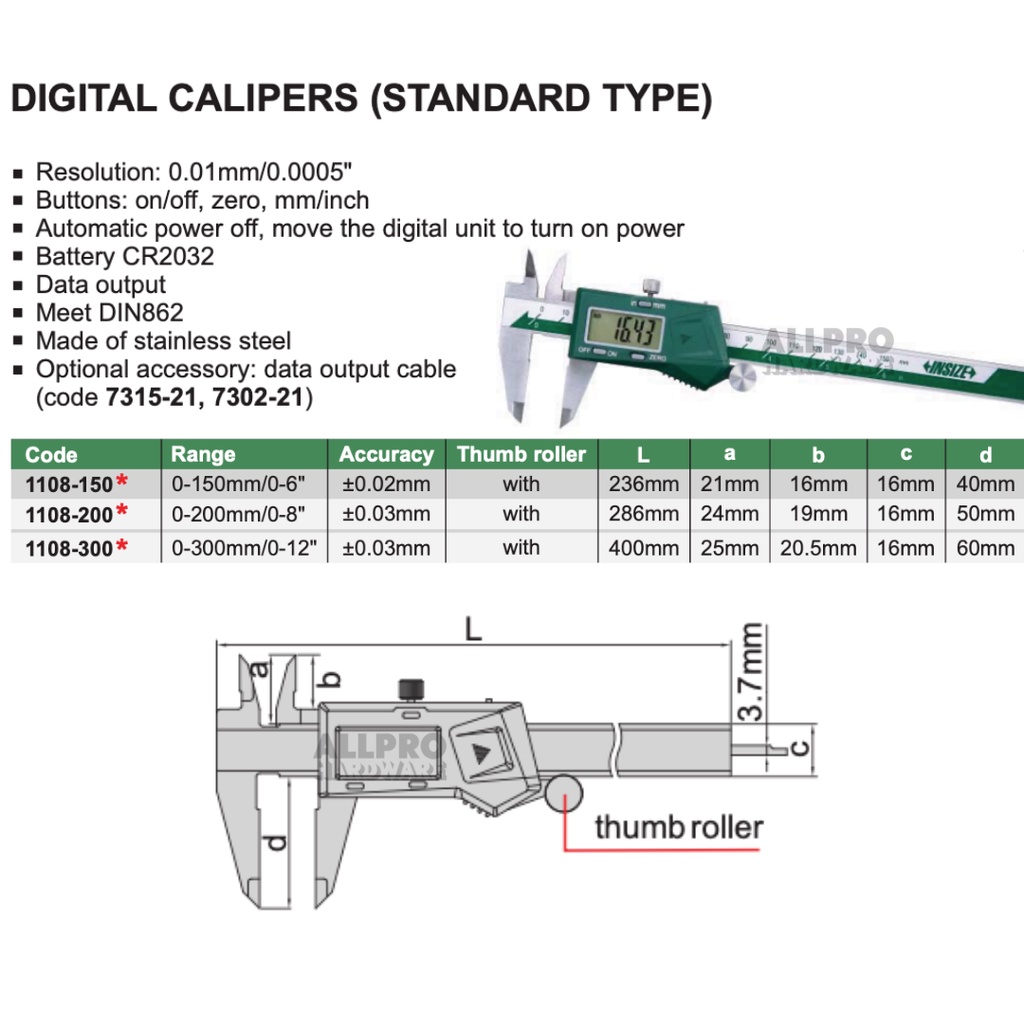 INSIZE Digital Caliper Standard Type 1108-150 / 1108-200 / 1108-300 ...
