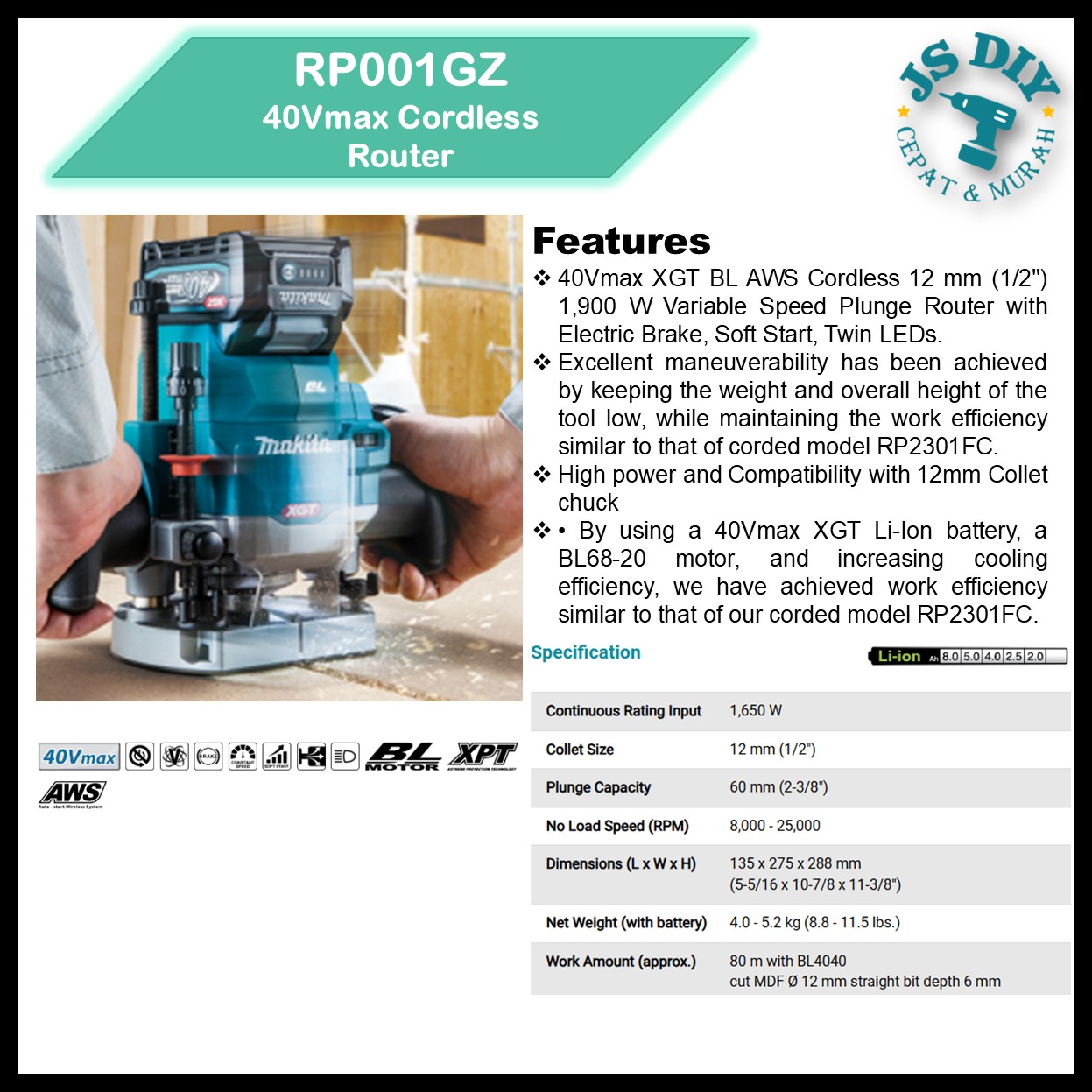 MAKITA RP001GZ 40Vmax Cordless Router 12MM (1/2