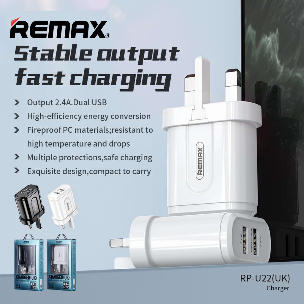 Remax RP-U22 Fast Charging Charger - 2.4A, Dual USB Port, UK Plug ...