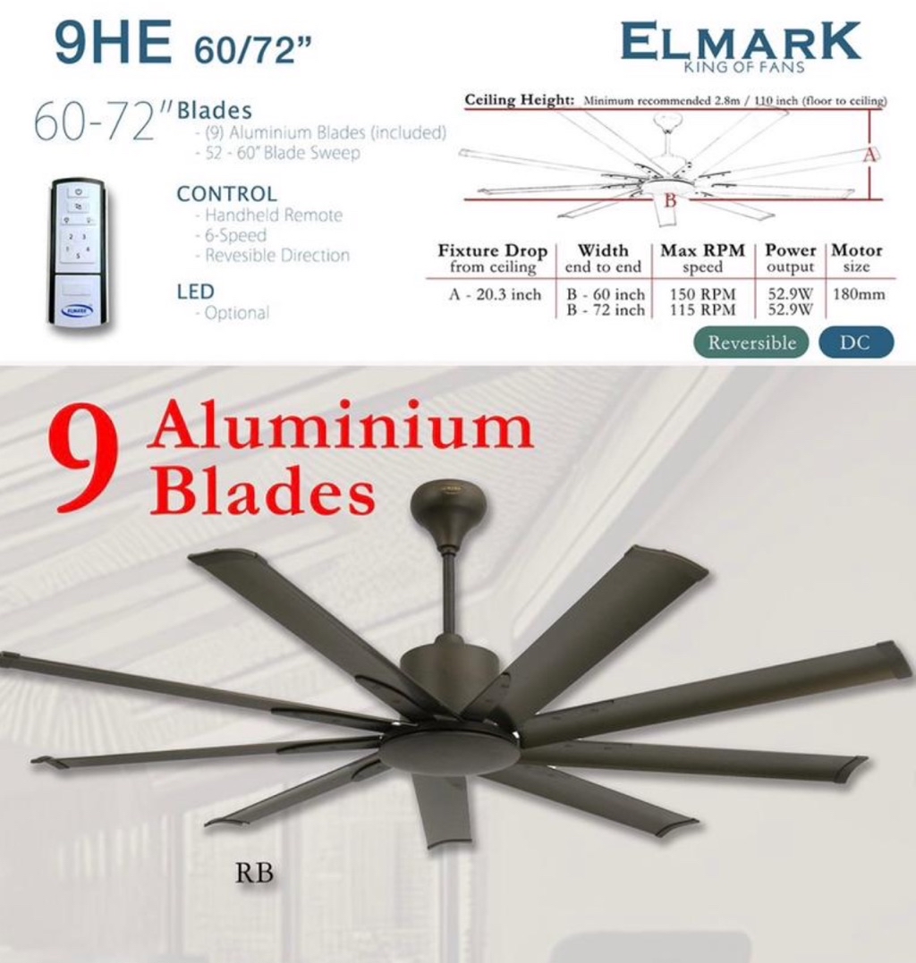 Elmark 60”/ 72” 9HE alüminium ceiling fan / industrial ceiling fan ...