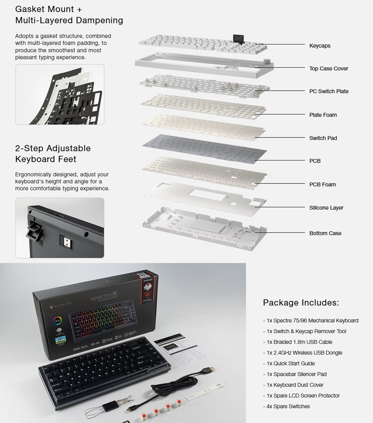 TECWARE Spectre 75 / 96 Wireless RGB Mechanical Gaming Keyboard with ...