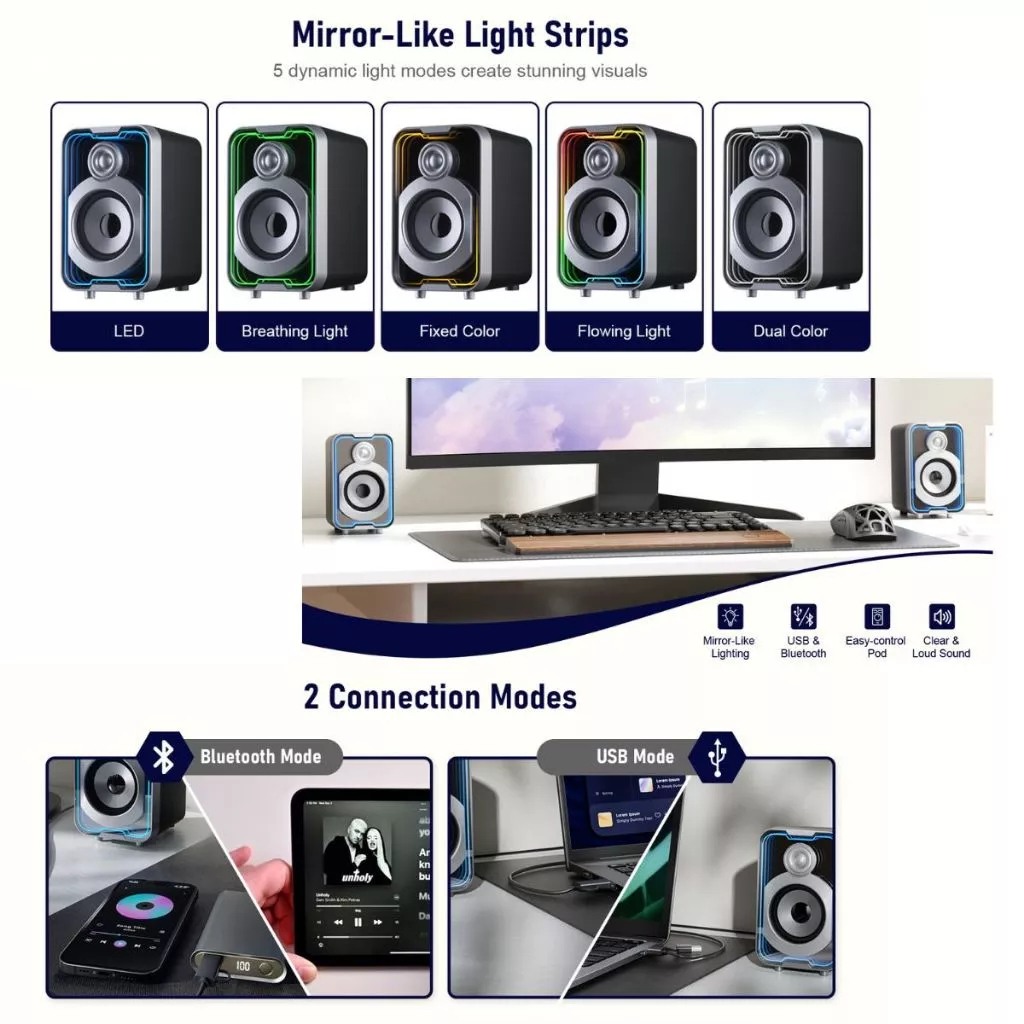 Vinnfier VF Studio 3 20W USB Powered 2.0 RGB PC Audio Bluetooth Speaker ...