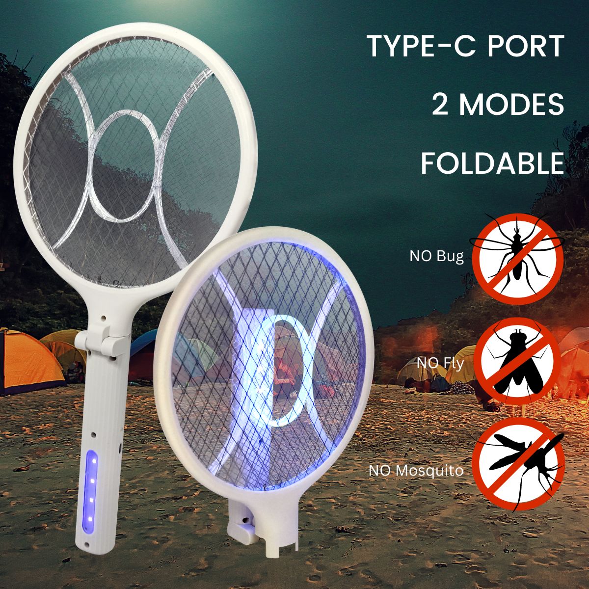 FOLDABLE Dual Modes Bug Zapper Racket Electric Fly Swatter Type-C ...