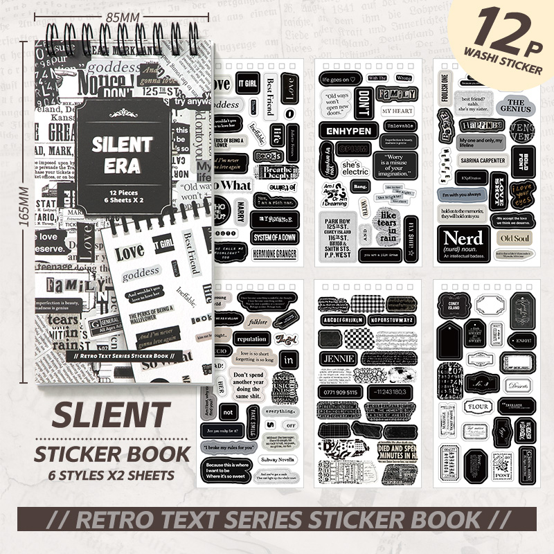 12 Sheets Vintage Text Stickers Book 100+pcs English Wording Sticker ...