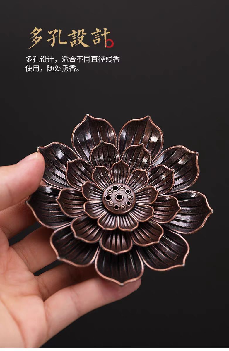 檀香阁 香插 莲花三宝香插 香炉 香爐 檀香炉 香薰炉 香爐銅 莲花香炉 香盘 檀香 线香 盘香 香托 Lotus Incense ...