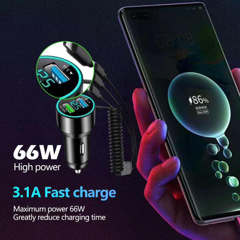 66W Car Charger Fast Charging Adapter Dual USB with 3IN1 Stretchable ...