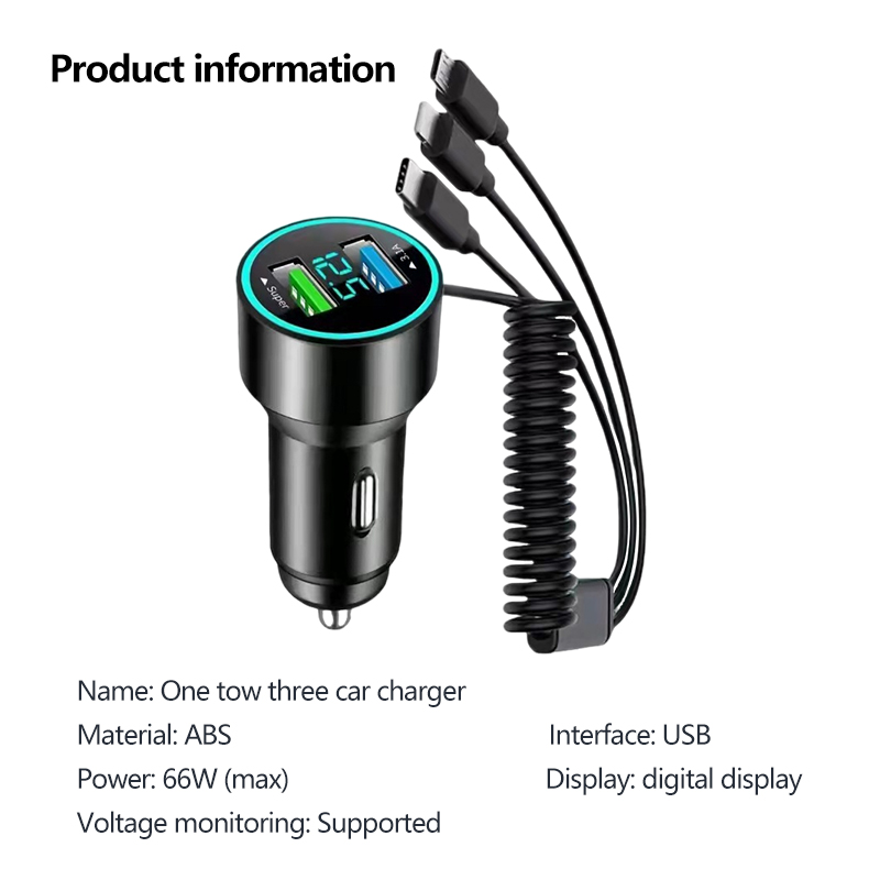 66W Car Charger Fast Charging Adapter Dual USB with 3IN1 Stretchable ...