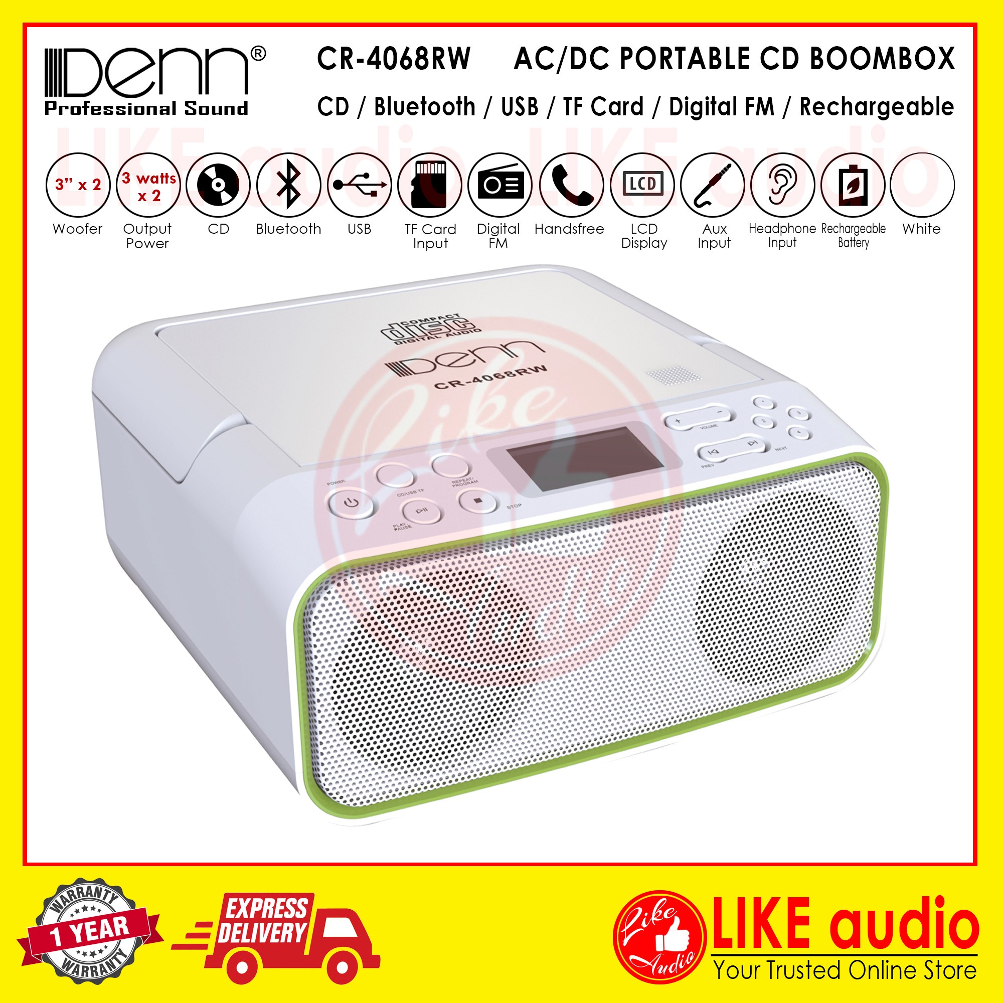 DENN CR-4068RB AC/DC Portable Radio CD Boombox (BT Version with ...