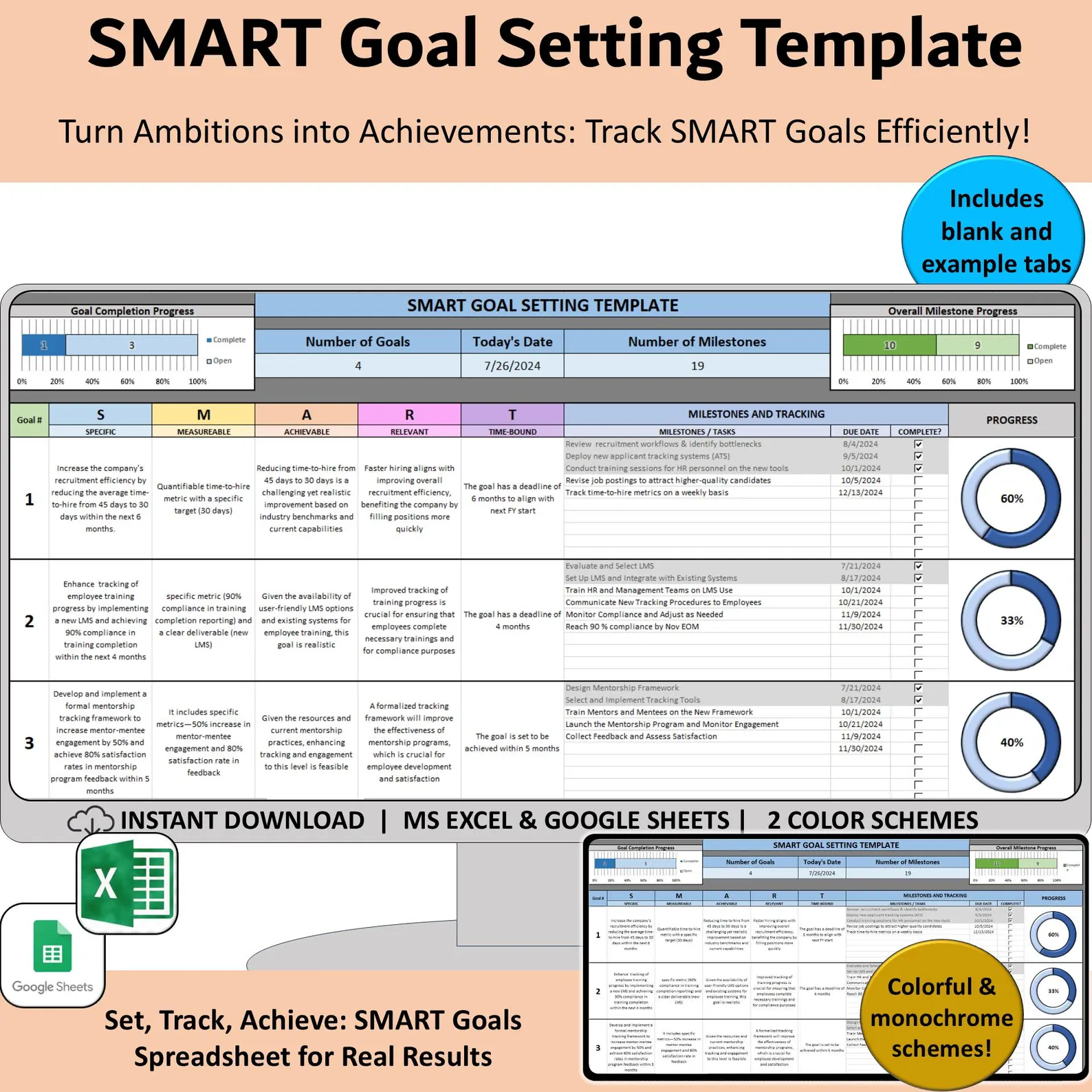 SMART Goal Objectives Tracker Excel digital planner, HR small business ...