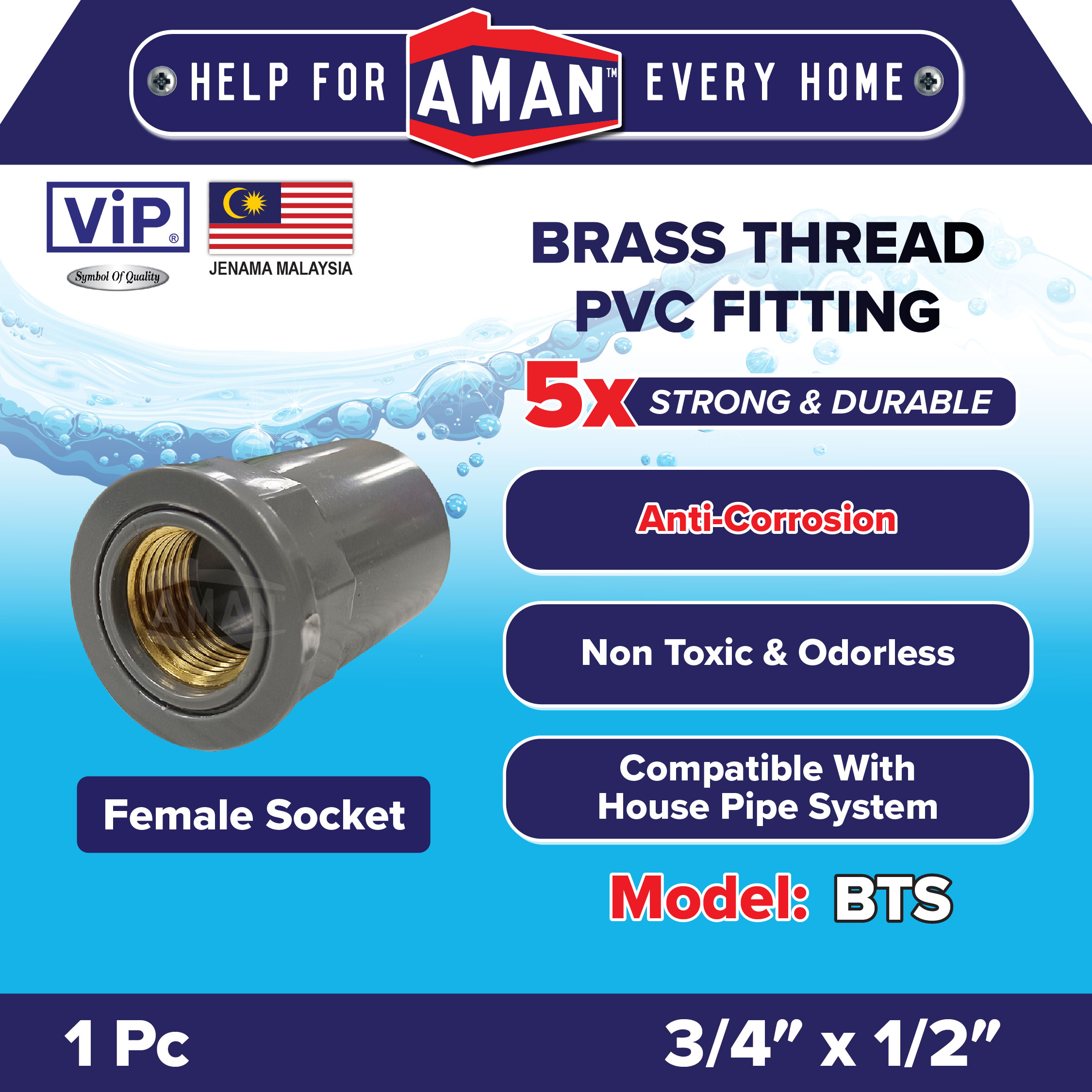 ViP Brass Thread PVC Fitting 1/2