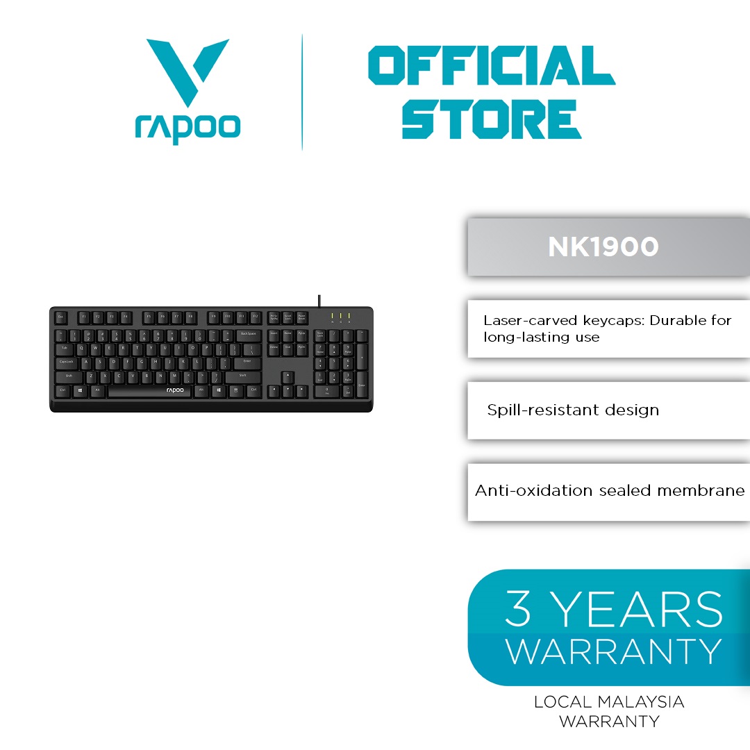 RAPOO NK1900 SPILL RESISTANCE USB WIRED KEYBOARD / Laser Carved Keycap ...