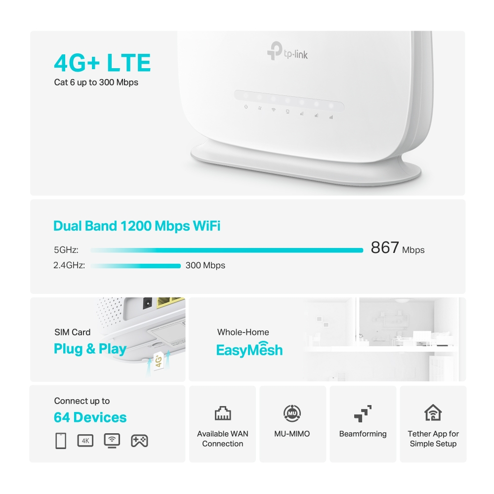 TP-Link Archer MR505 4G+ CAT6 AC1200 Dual Band Gigabit EasyMesh SIM ...