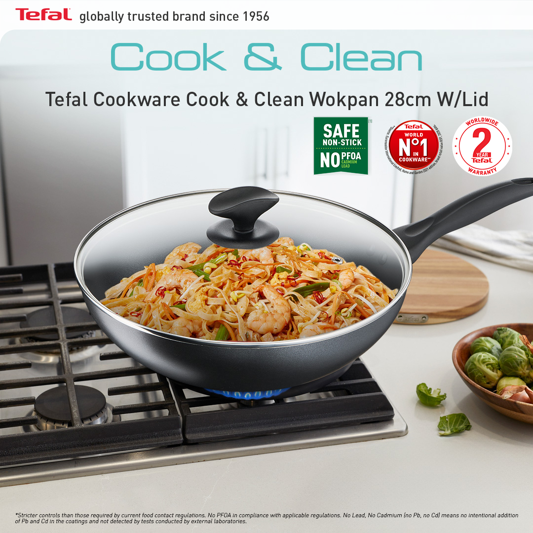 Tefal Cook & Clean Wokpan 28cm W/Lid (Non-stick Cookware, Titanium Non ...