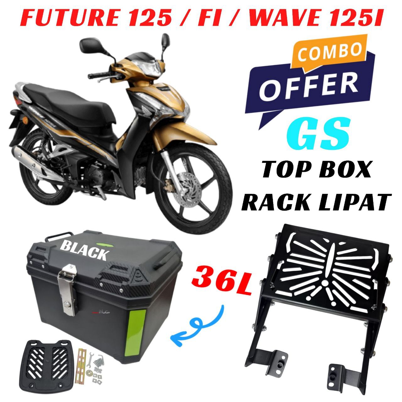 (FUTURE 125 FI/WAVE 125 FI) GS 36L BLACK BOX+ADJUSTABLE RACK BUTTERFLY ...