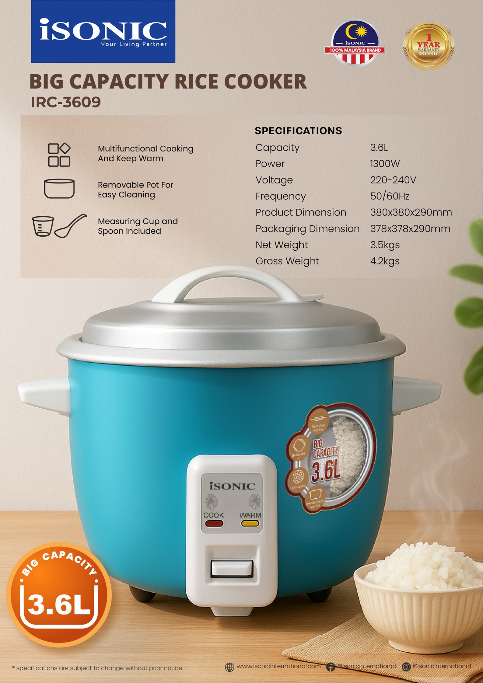 Isonic Big Capacity Rice Cooker (3.6L/6.6L/10.0L) IRC-3609/IRC-W6603 ...