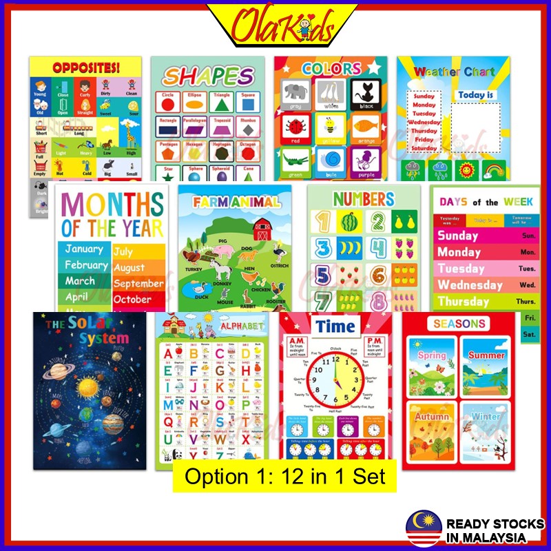 OLAKIDS 12 in 1 Set Kid Learning Wall Poster Chart Educational Poster ...