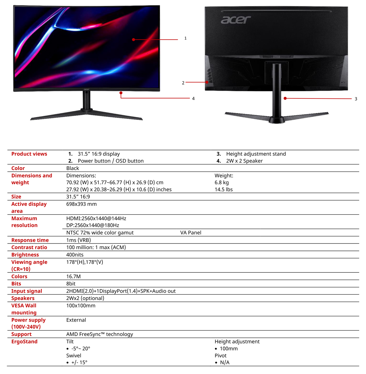 ACER NITRO 31.5" 2K-WQHD XZ322QUS-CURVED-165hz-1ms/ XZ322QU V3-CURVED ...