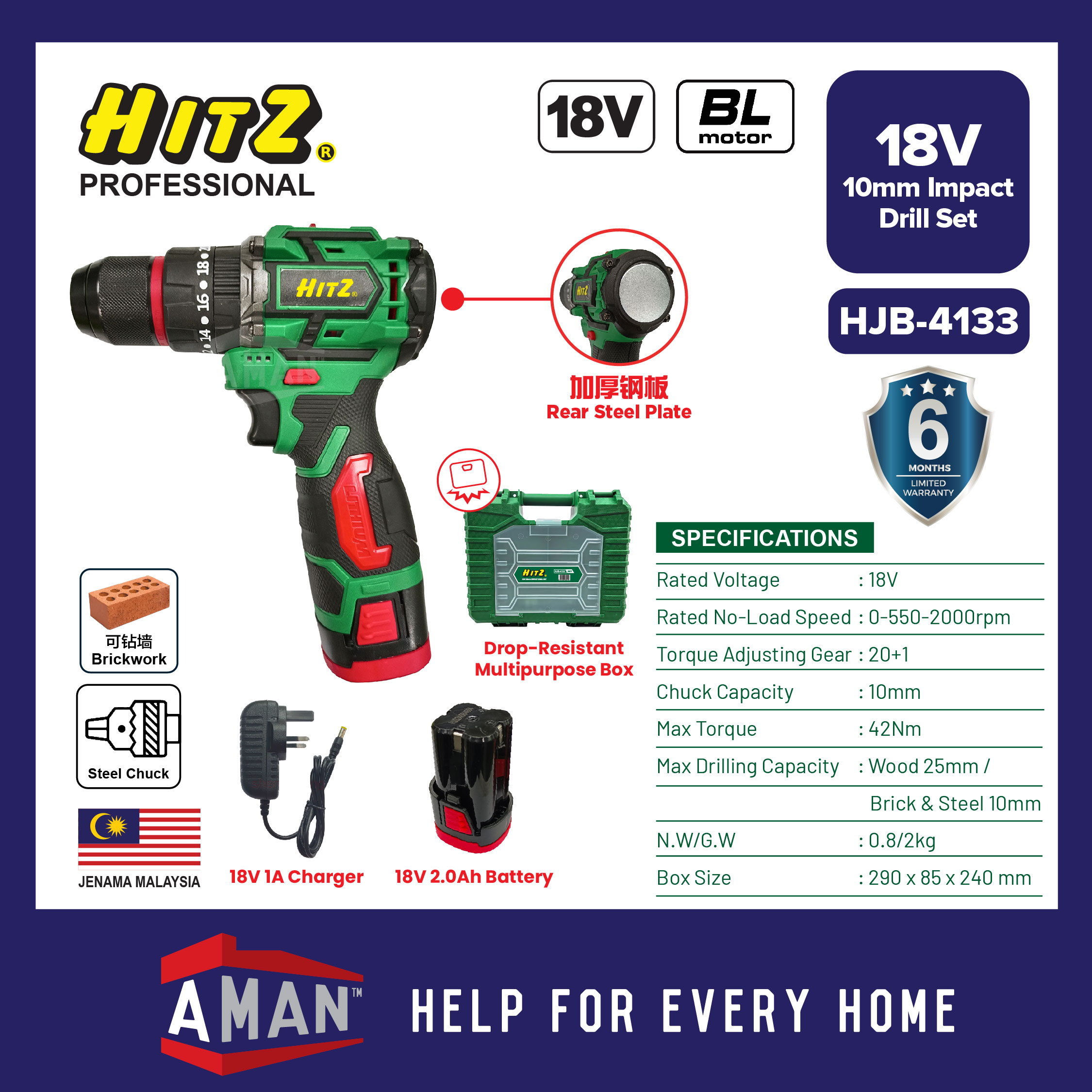 HITZ 18V Cordless Impact Drill Set 2 Speed Screwdriver Hammer Drill ...