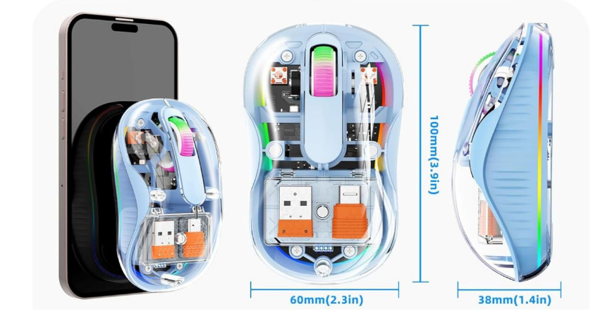 Type C Transparent Wireless Mouse with RGB Backlit and Bluetooth Silent ...