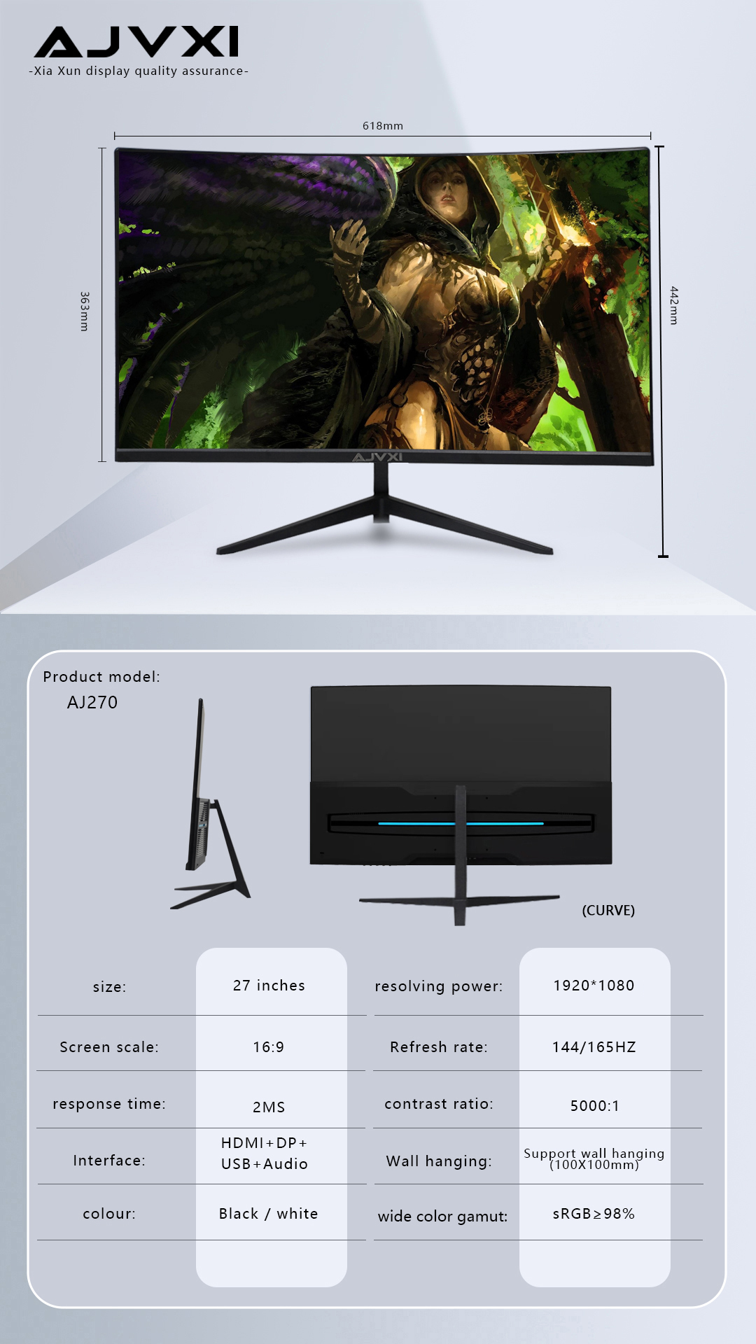 AJVXI Monitor PC 27 Inch With Speaker 240HZ 1080P LED IPS Curved ...
