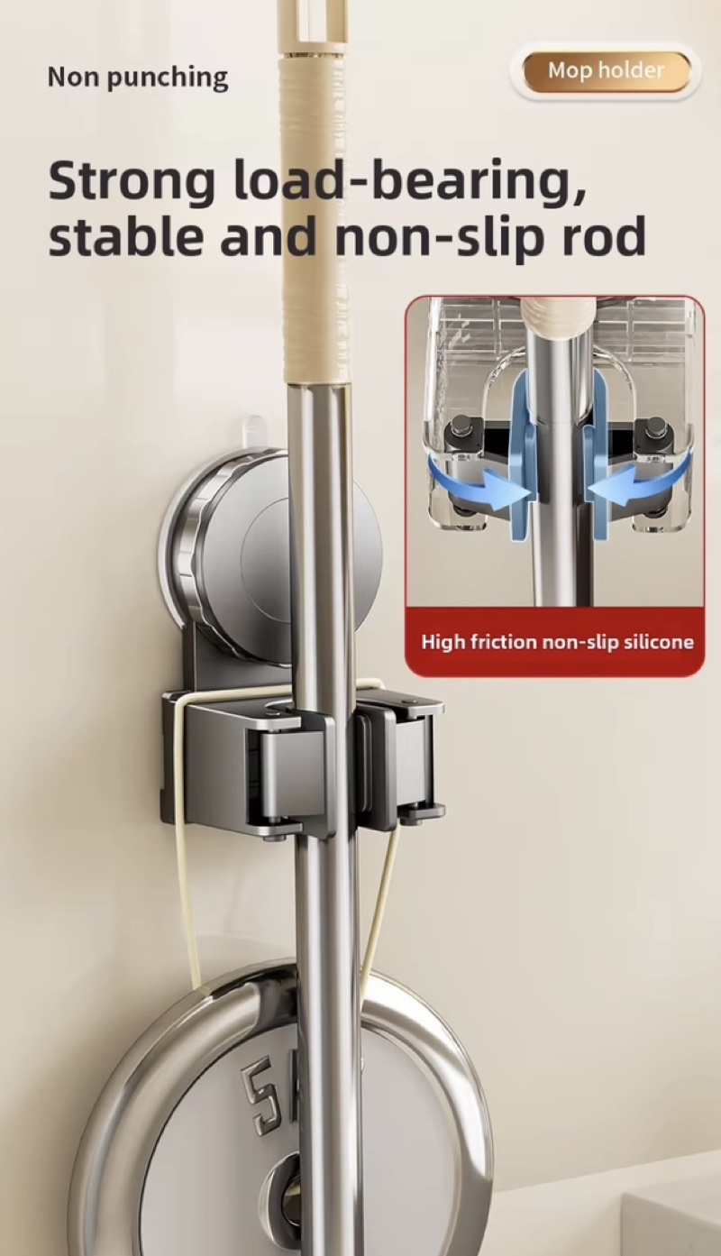 Suction cup mop holder, bathroom broom holder, nail free installation ...