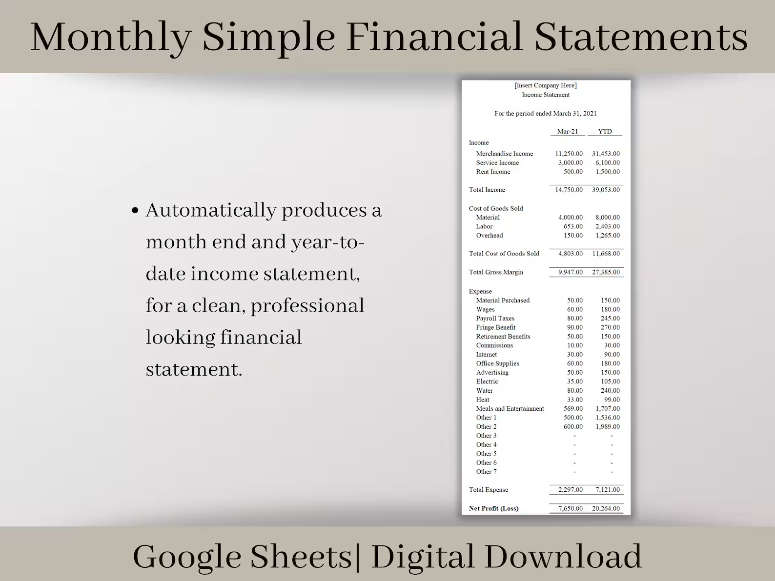 Monthly Income Statement Balance Sheet Google Sheets Spreadsheet ...