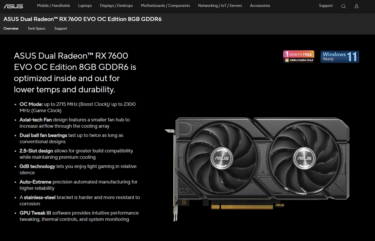 ASUS AMD DUAL RADEON RX 7600 EVO OC EDITION 8GB GDDR6 GRAPHICS CARD ...