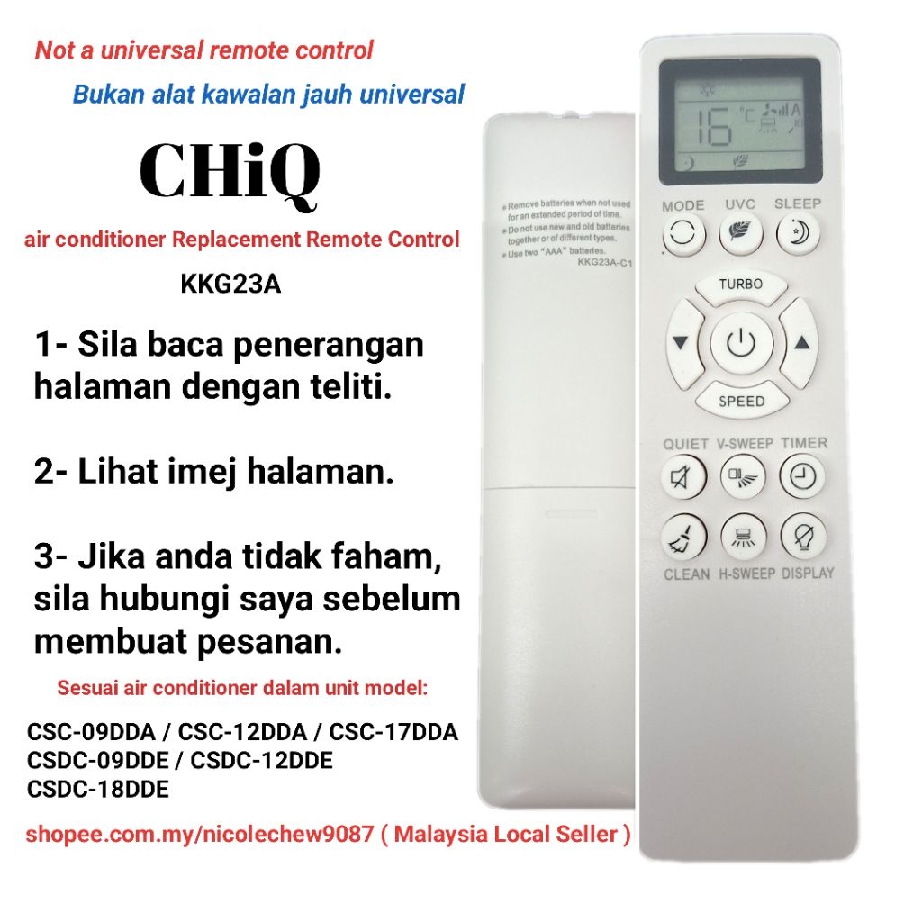CHIQ air Conditioner Replacement Remote Control KKG23A ( Alat Kawalan ...