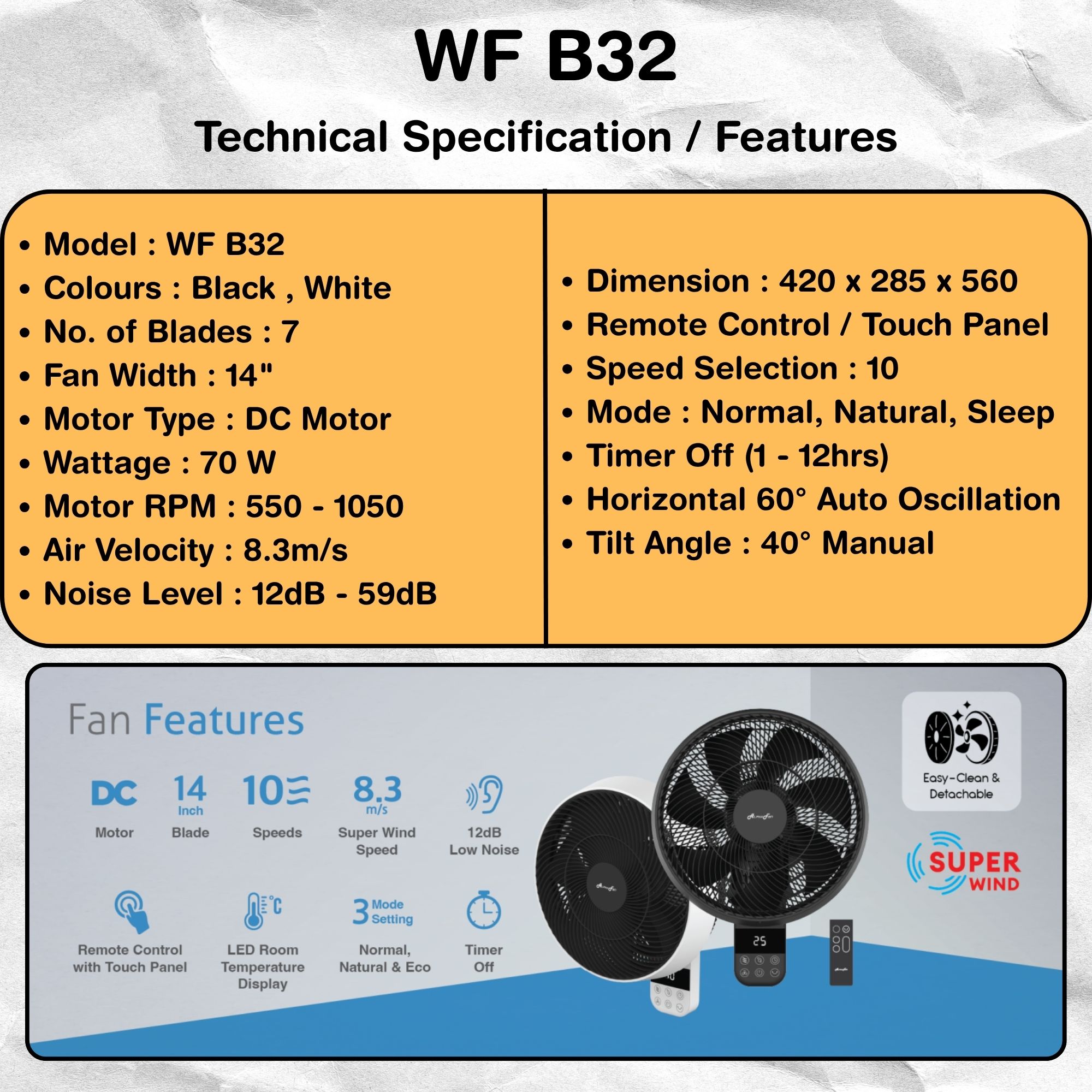 【ALPHA Motto WF B32 / B31】Wall Fan with 7 Blades 10 Speed Remote (14 ...