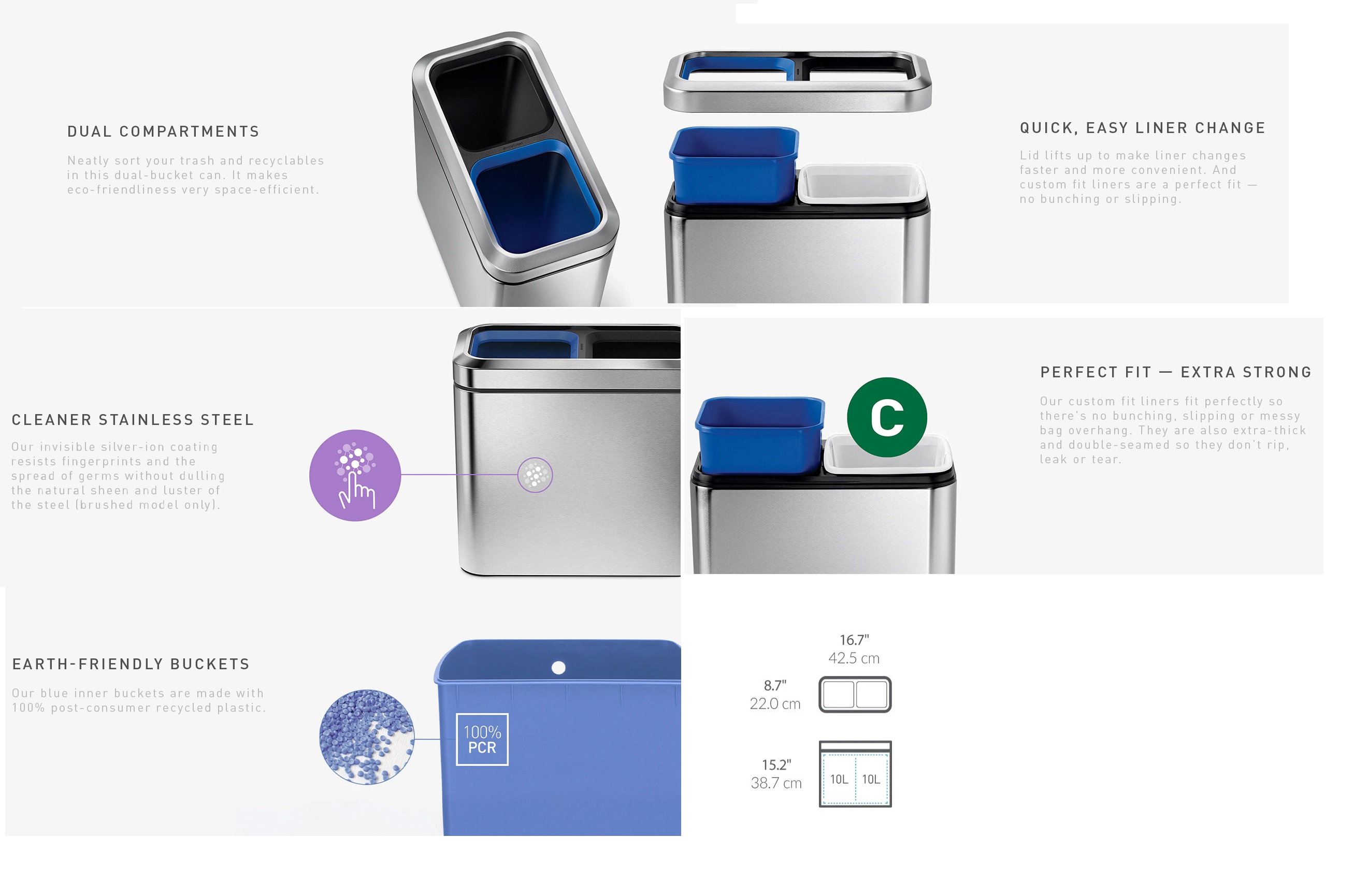 simplehuman Slim Open Profile Recycling Trash bin, 20L Office Bin Sleek ...