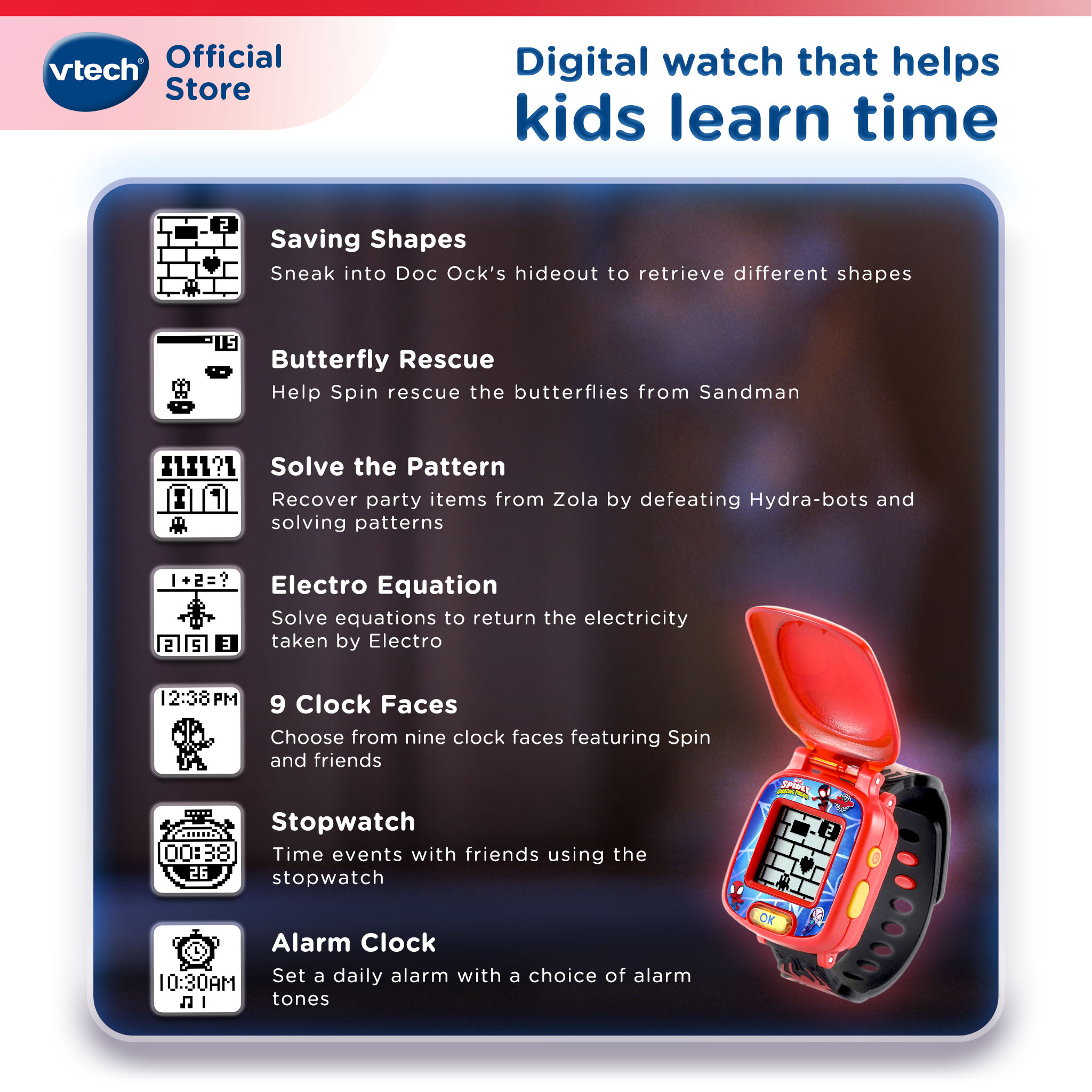 VTech Spidey Learning Watch Marvel Licensed Kids Digital Watch 9 Spidey ...