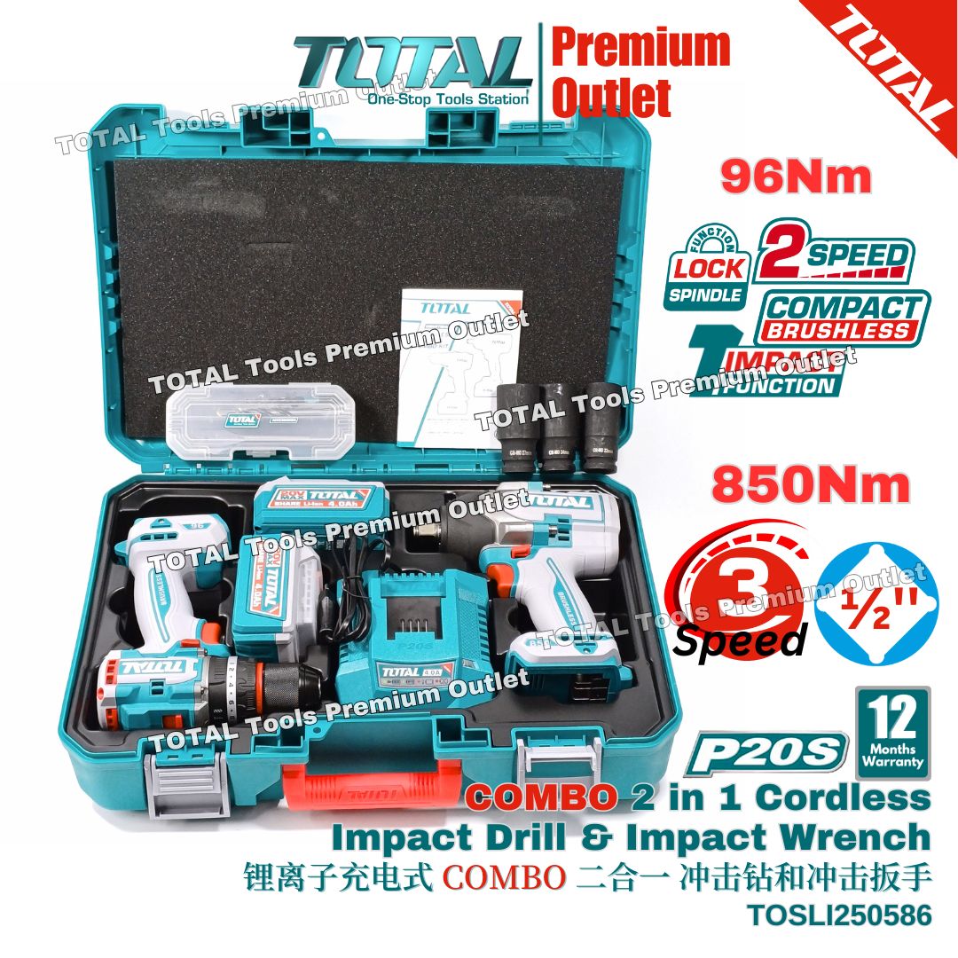 TOTAL Cordless 20V 96Nm Impact Drill, 850Nm Impact Wrench 2 in 1 COMBO ...