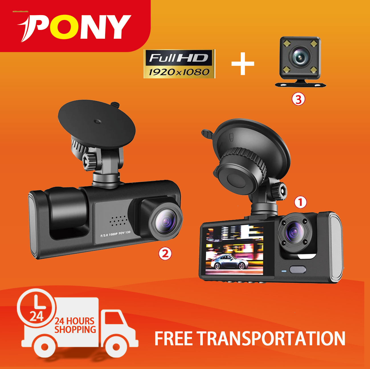 Pony 24H Record FHD 3 Camera Dashcam for Car Front + Interior + Back
