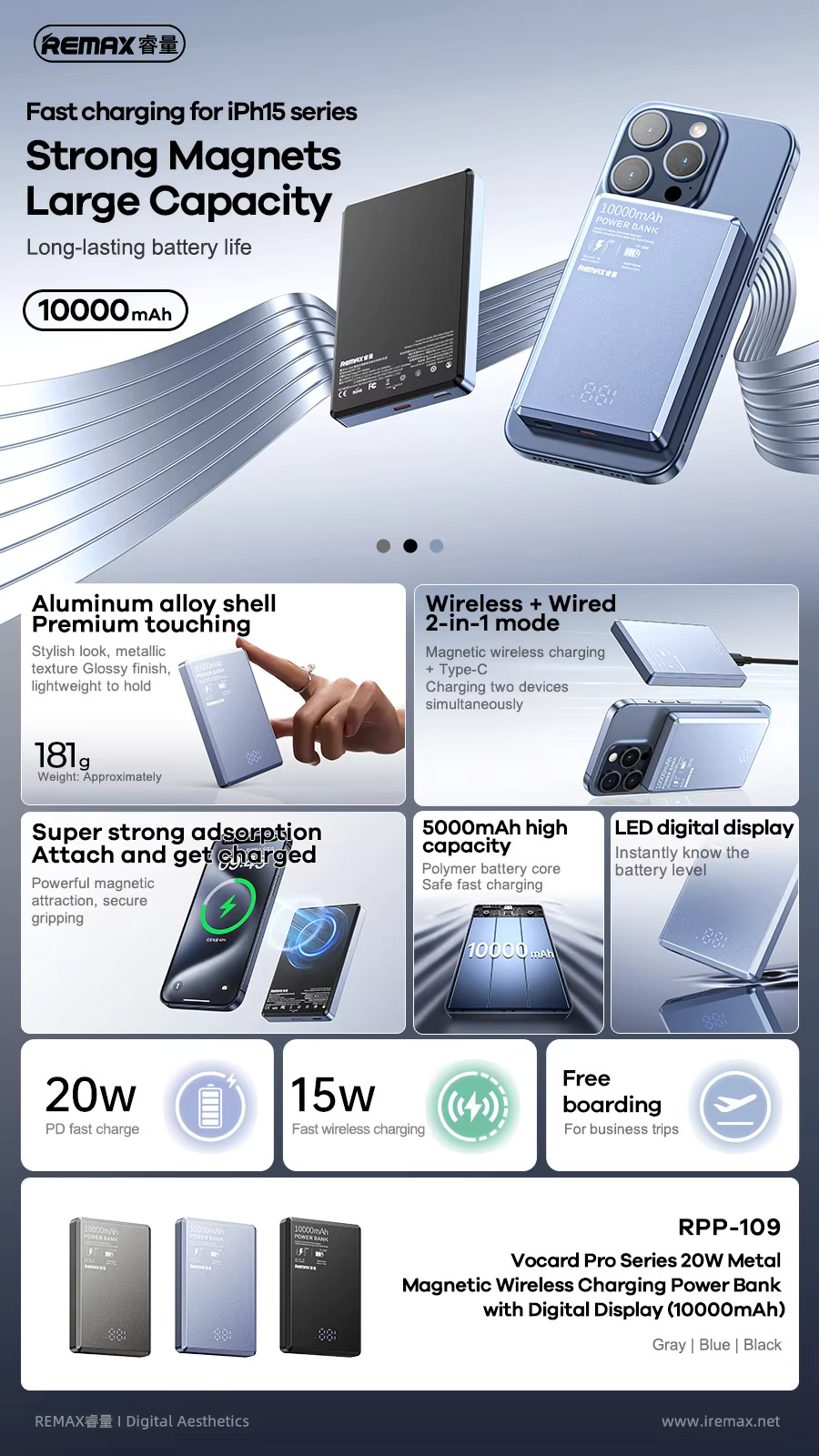 REMAX RPP-109 VOCARD SERIES 10000mAh WIRELESS 15W + PD20W POWER BANK ...