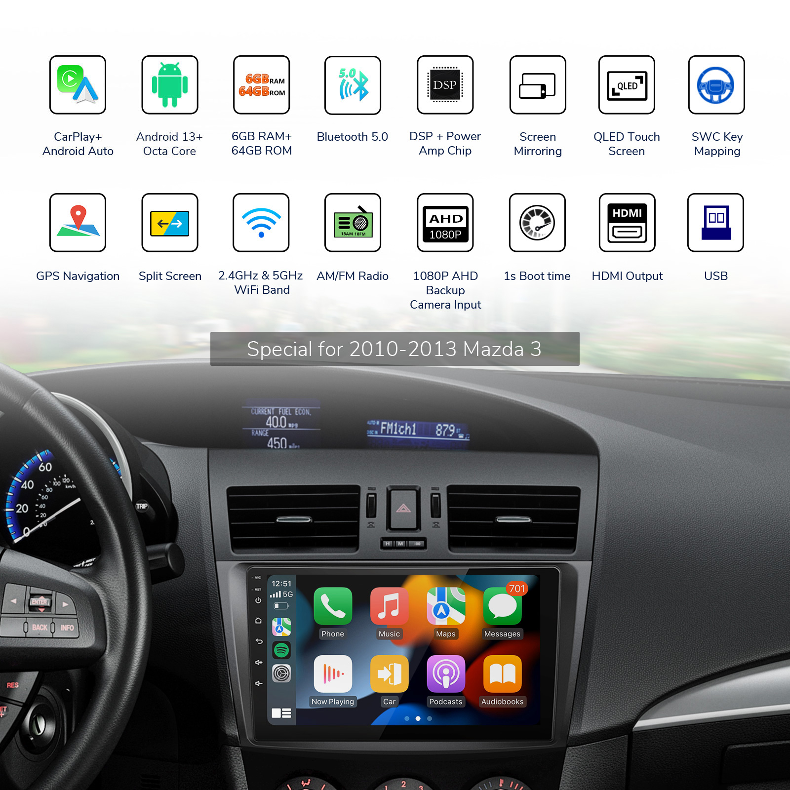 thumbnail image 2 of Car Radio For Mazda 3 2010 2011 2012 2013 CarPlay Android 13 DSP Wifi Fan RDS F 2 of 11