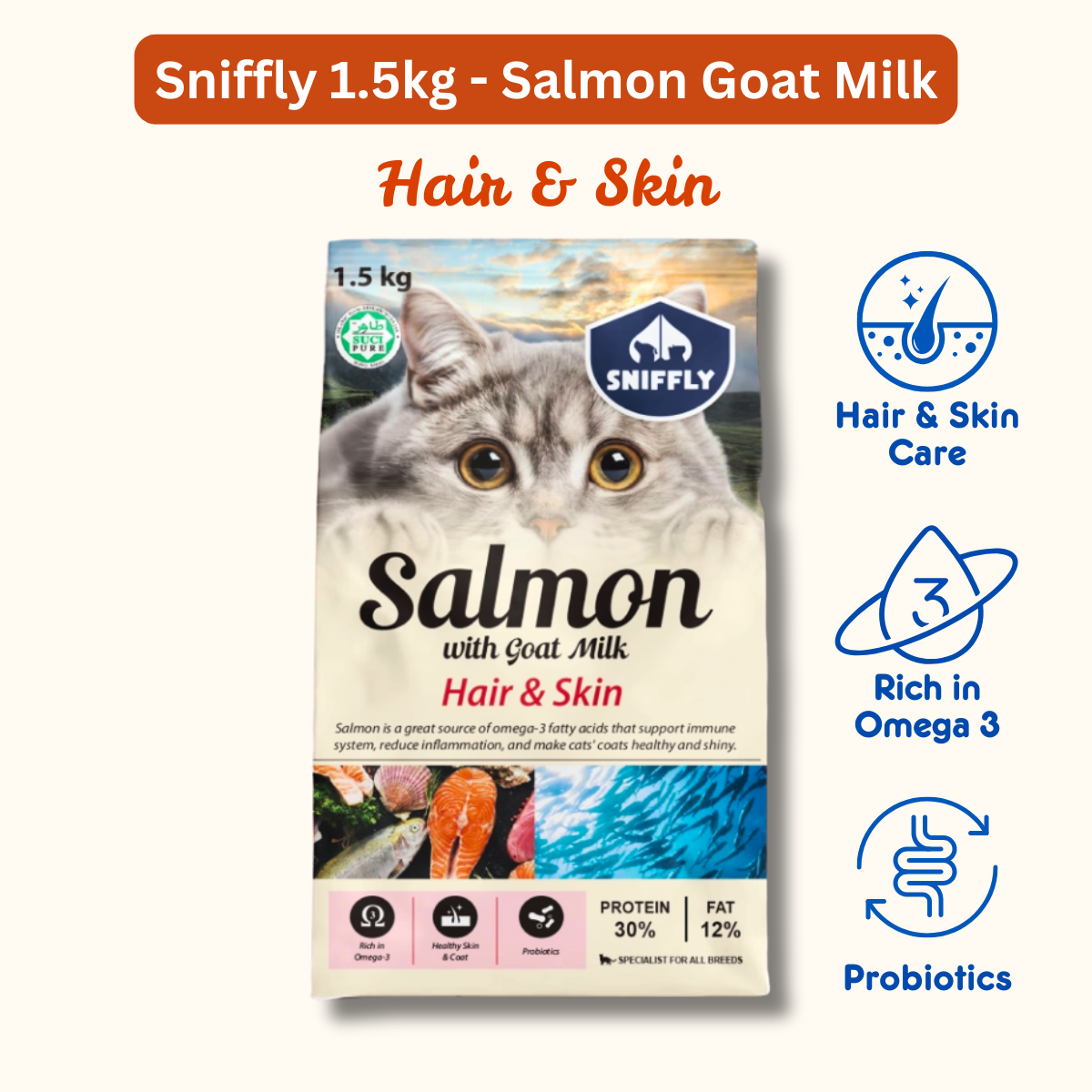 Sniffly Cat Dry Food 1.5kg Hair Skin Care Weight Gain Urinary Grain ...