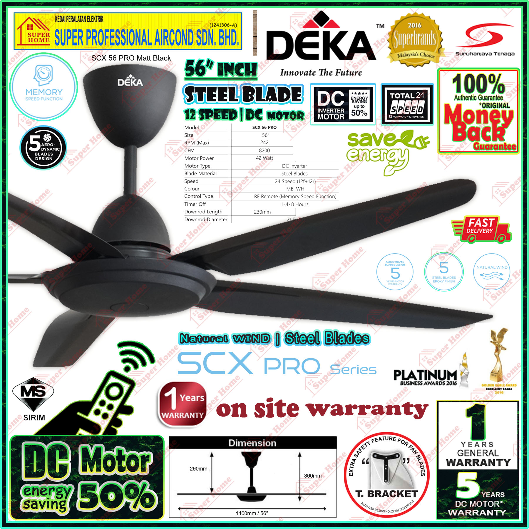 Deka Ceiling Fan SCX 56 PRO White ((Steel Metal Blades)) DC Motor 56 ...